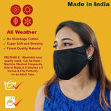 Face Mask Washable Reusable Plain Black Fabric 3 Layer Adustable Masks Health Protection n Skin Care Unisex Mouth Filter Facemask, Soft Dri-Fit Cotton, Nose to Chin Mud Pollution Dust Cover - SET OF 3 - Divya Mantra