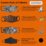 Face Mask Washable Reusable Snake, Leopard Prints, Plain Black Fabric 3 Layer Masks Health Protection Skin Care Mouth Filter Facemask, Soft Dri-Fit Cotton, Nose to Chin Mud Pollution Cover - SET OF 5 - Divya Mantra