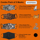 Face Mask Washable Reusable Masks Snake, Leopard Prints, Plain Black Fabric 3 Layer Health Protection Skin Care Mouth Filter Facemask, Soft Dri-Fit Cotton, Nose to Chin Mud Pollution Cover - SET OF 5 - Divya Mantra